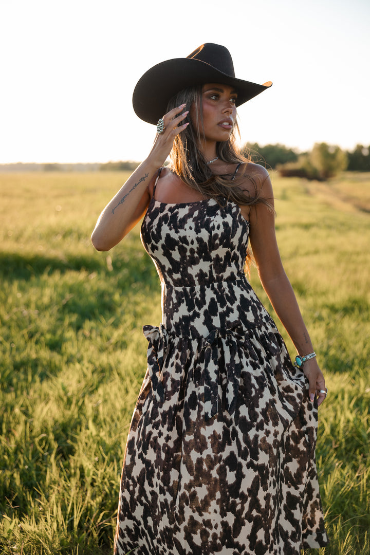 Cow Print Drop Waist Midi Dress
