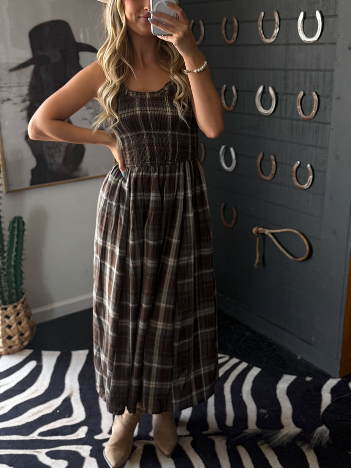 Timber Trail Plaid Smocked Midi Dress