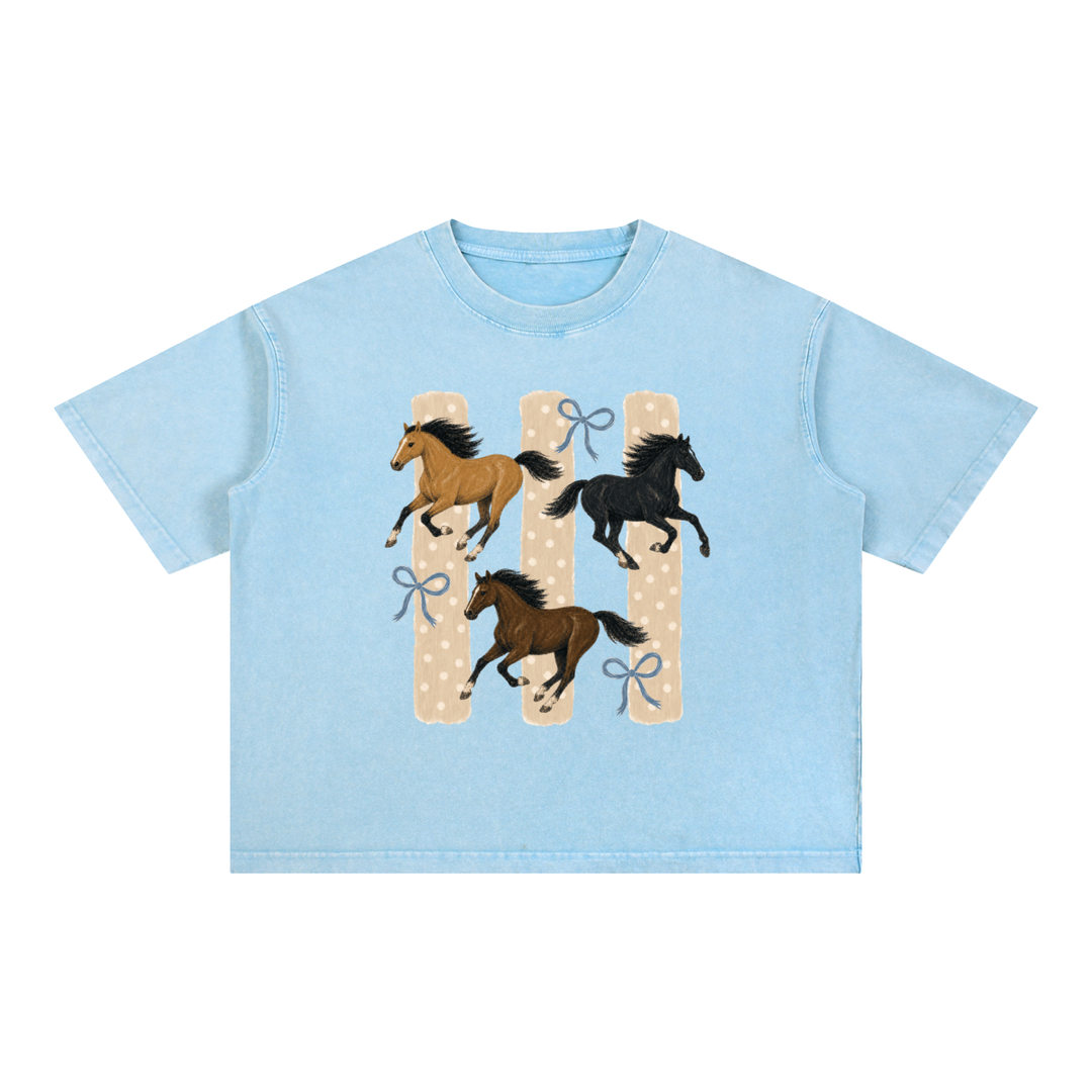 Horses &amp; Bows Vintage Wash Boxy Cotton Graphic Tee
