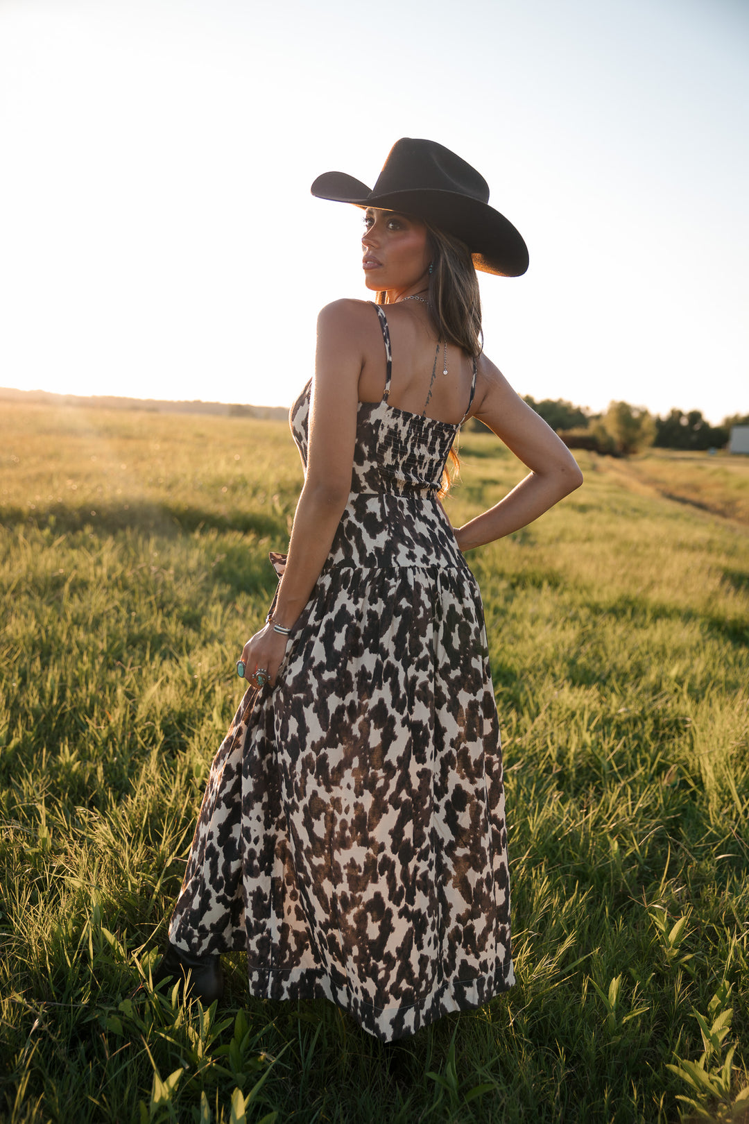 Cow Print Drop Waist Midi Dress