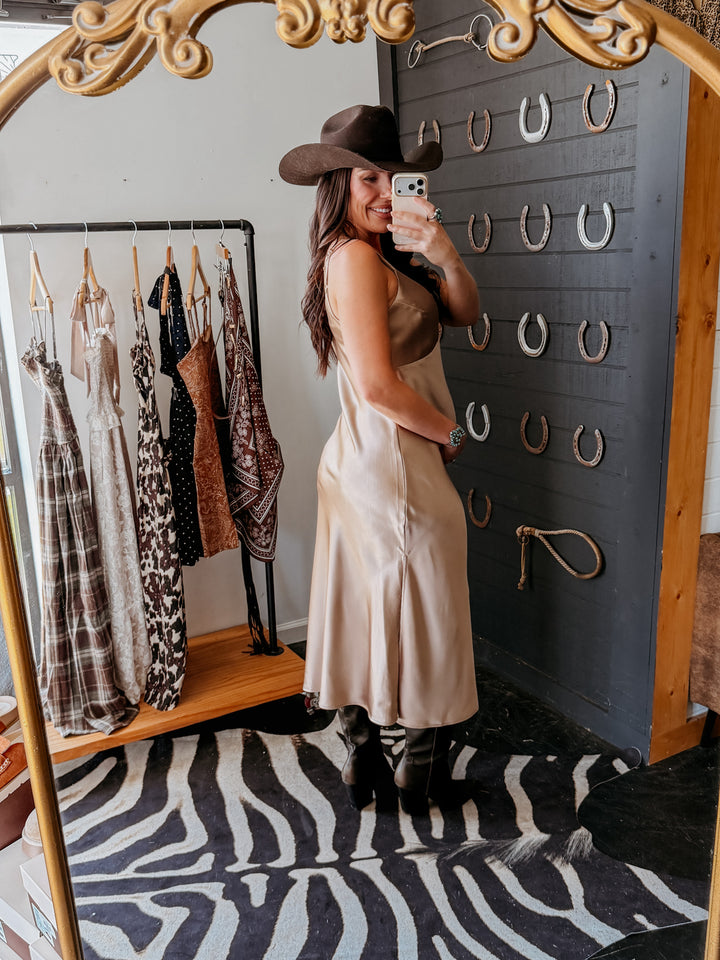 Satin V-Neck Midi Slip Dress