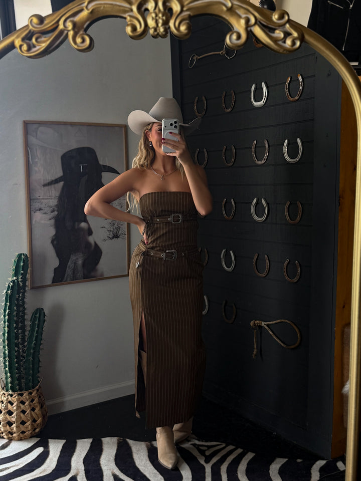 The Outlaw Pinstripe Buckle Maxi Dress