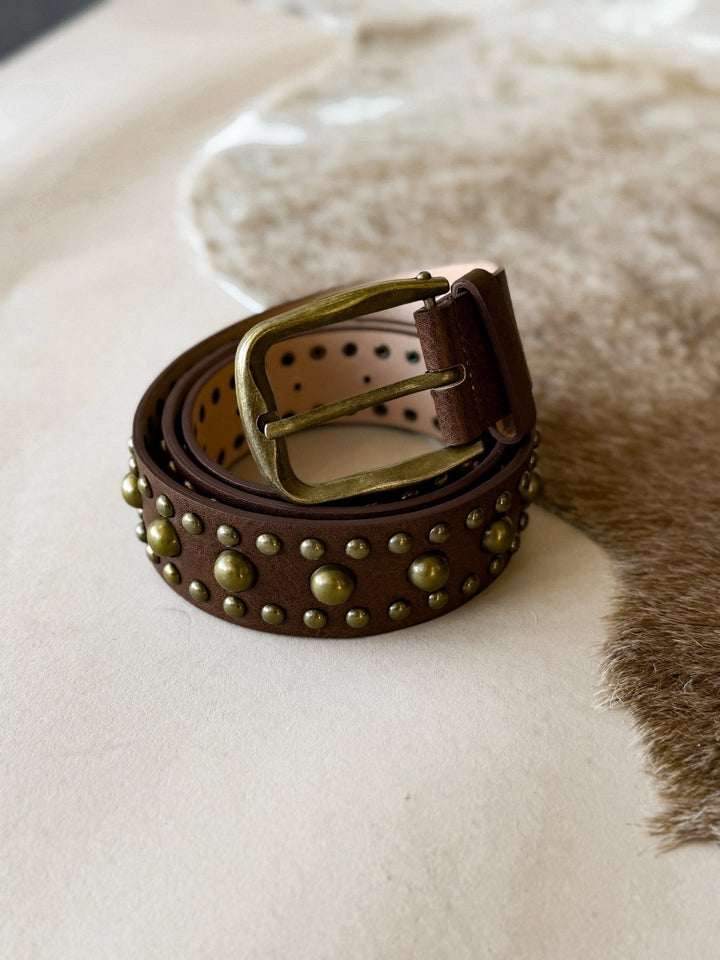 Brown leather belt with gold studs and buckle on a textured surface