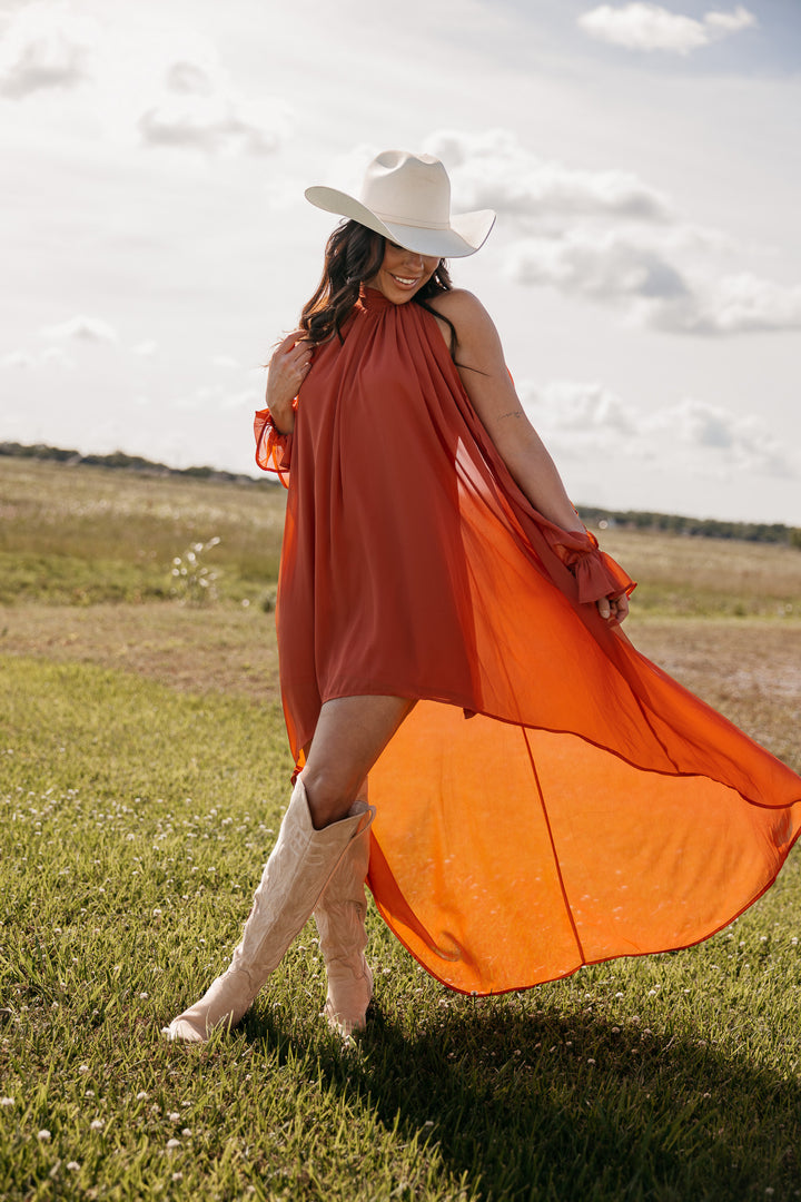 Rust High Low Halter Dress