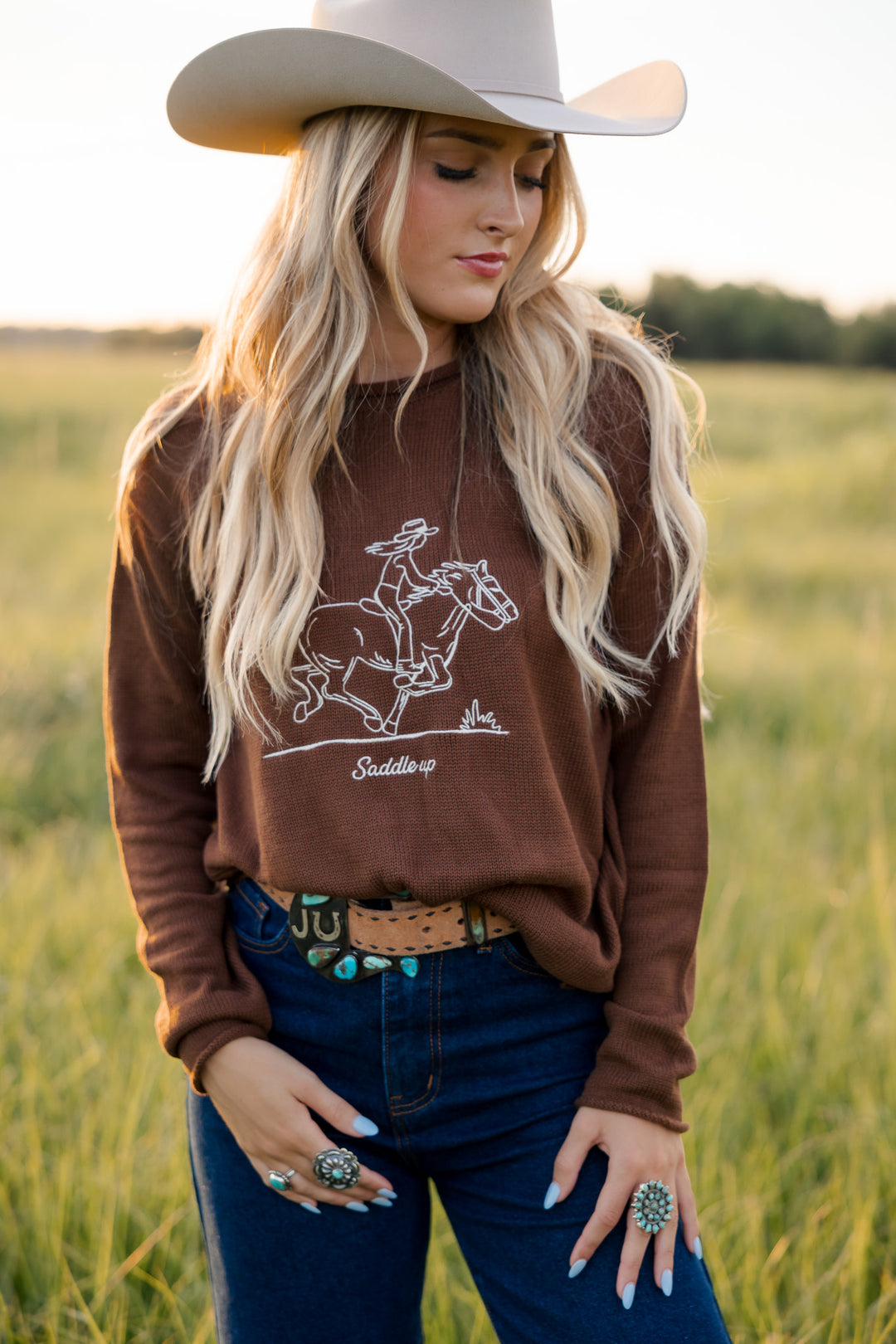 Embroidered Saddle Up Sweater- Brown