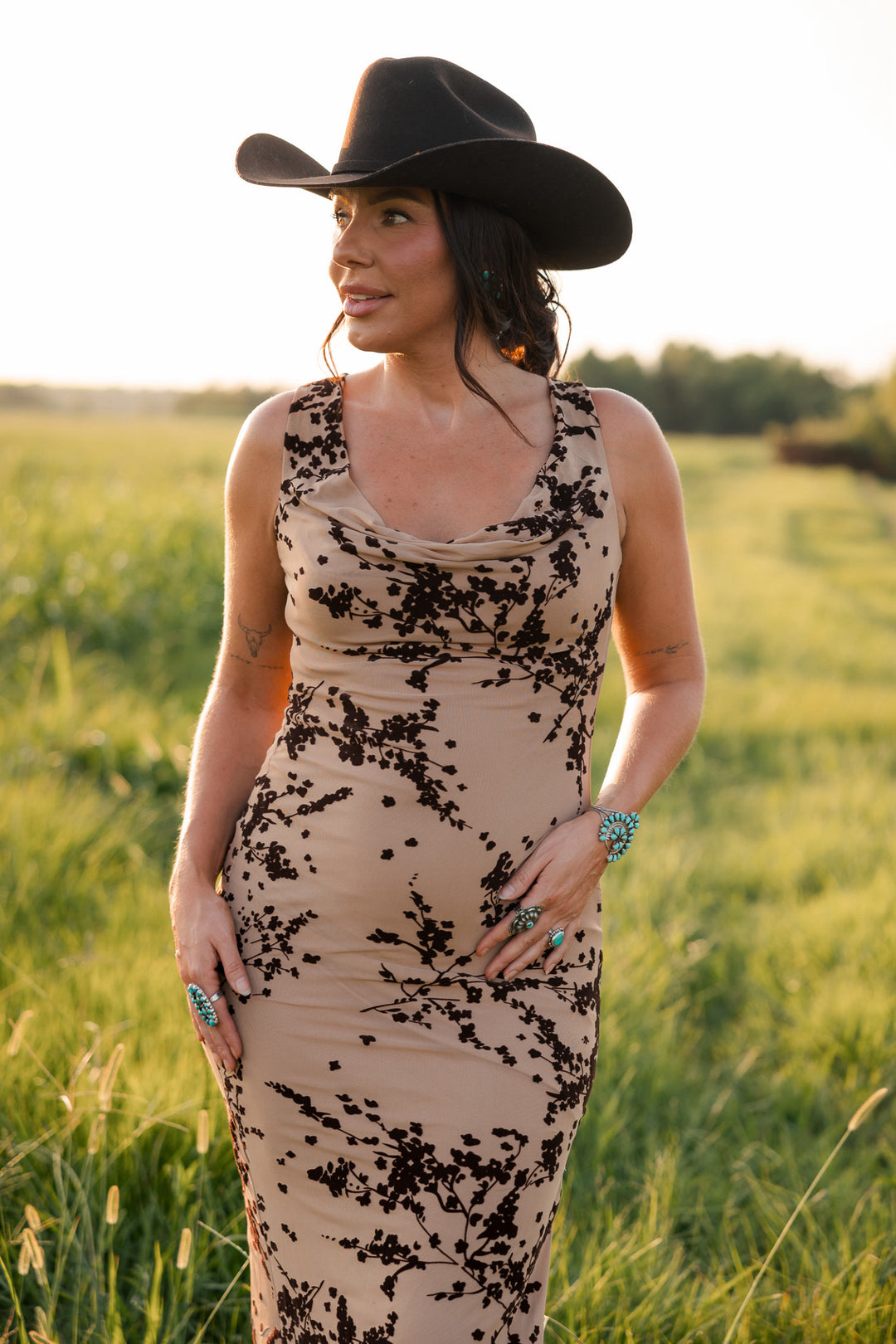 Canyon Bloom Cowl Neck Maxi Dress
