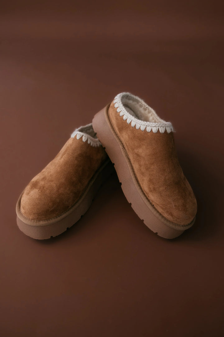 Pair of brown slippers with white fur lining on a brown background