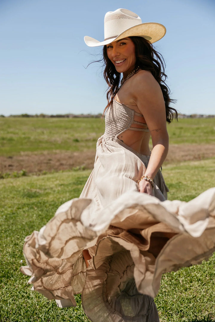 Taupe Smocked Halter Maxi Dress