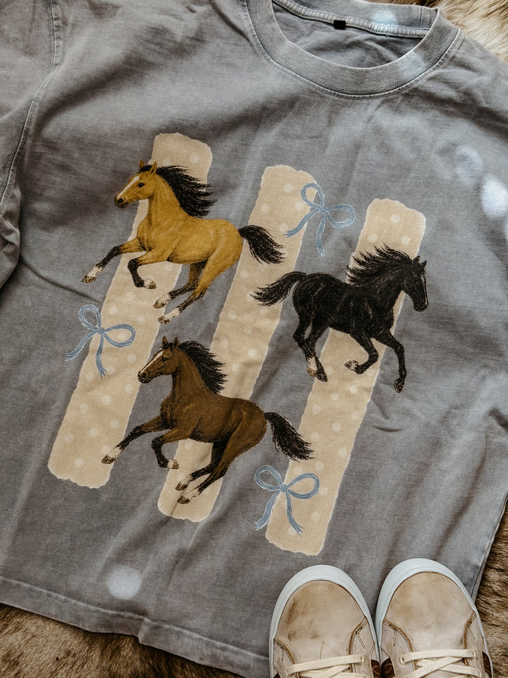 Horses &amp; Bows Vintage Wash Boxy Cotton Graphic Tee