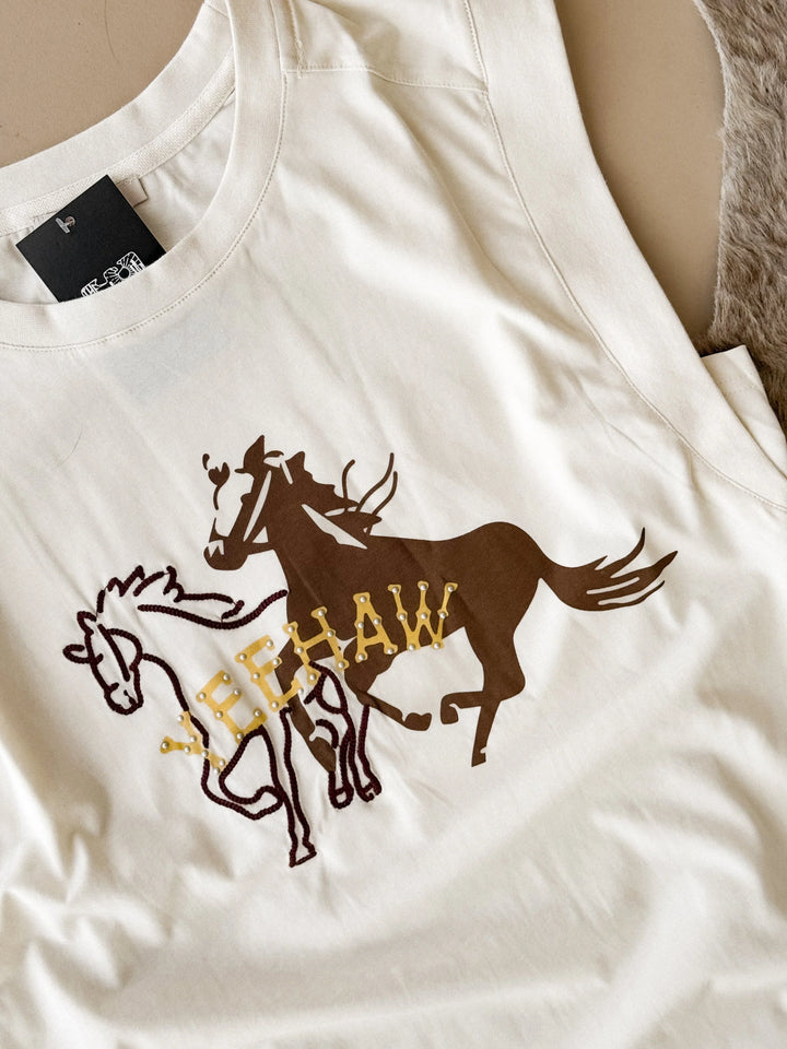 Western graphic tank top with two horses and &
