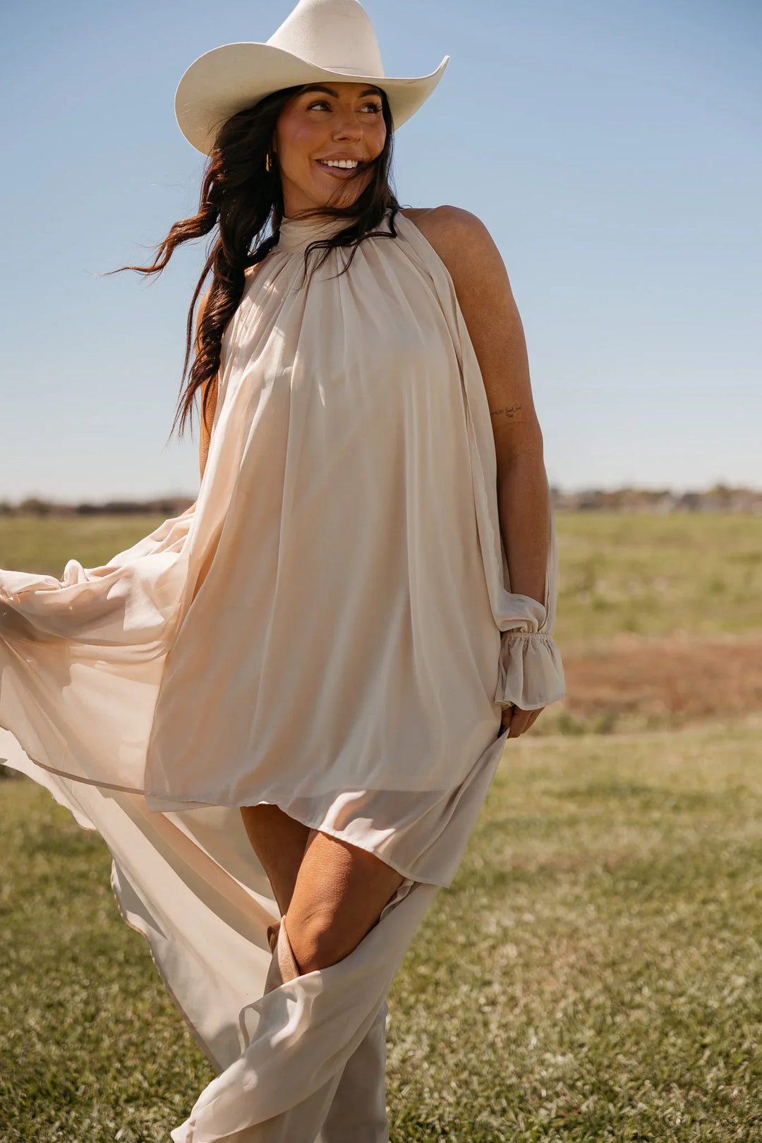 Champagne High-Low Halter Dress