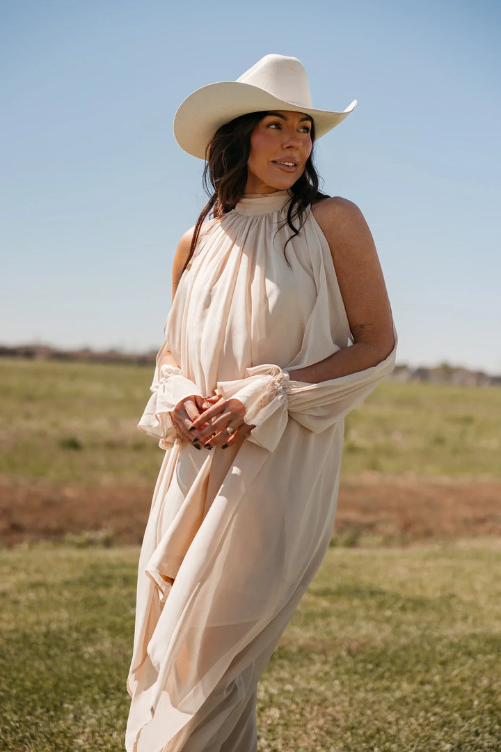 Champagne High-Low Halter Dress