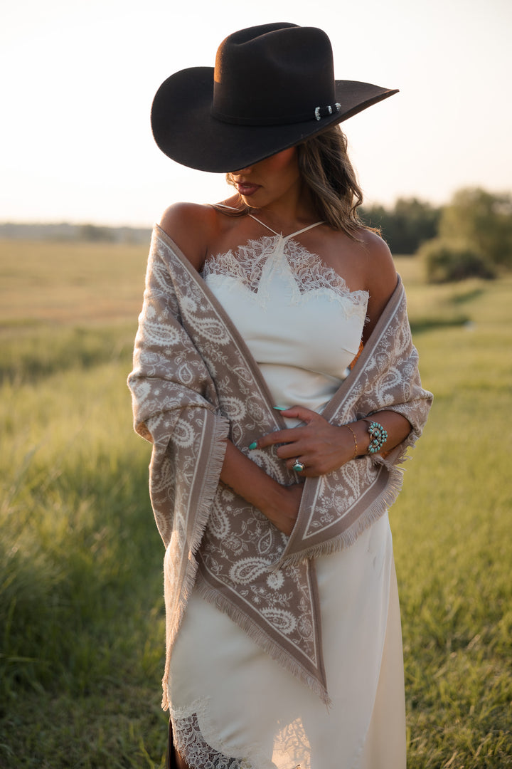Mocha Paisley Fringe Shawl