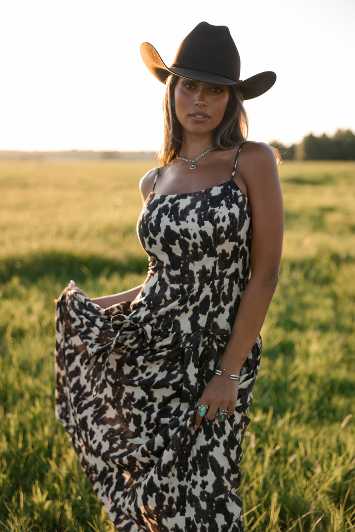 Cow Print Drop Waist Midi Dress