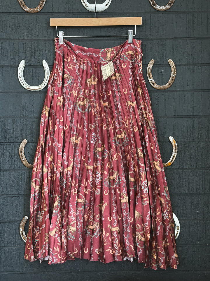 Red patterned skirt hanging on a wooden hanger against a dark wall with horseshoe decorations.