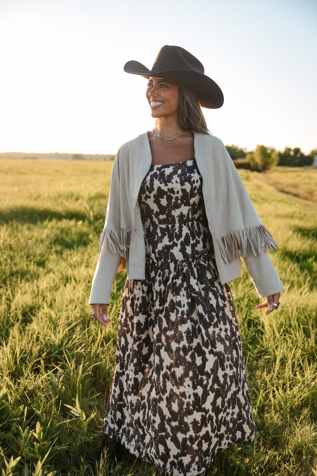 Cow Print Drop Waist Midi Dress