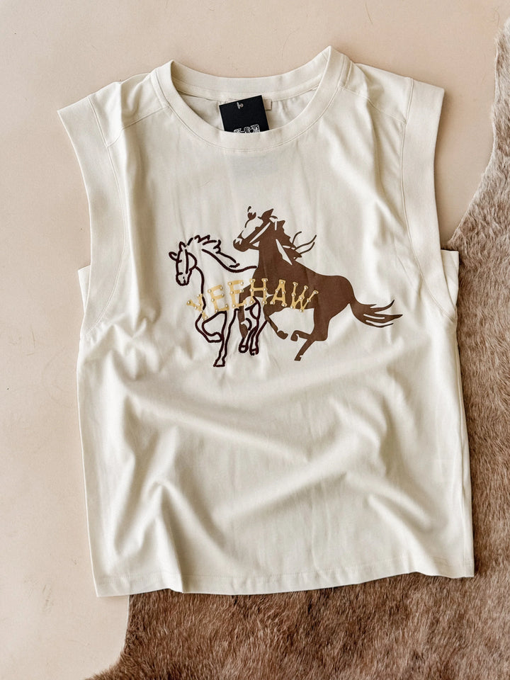 Western graphic sleeveless top with running horses and &