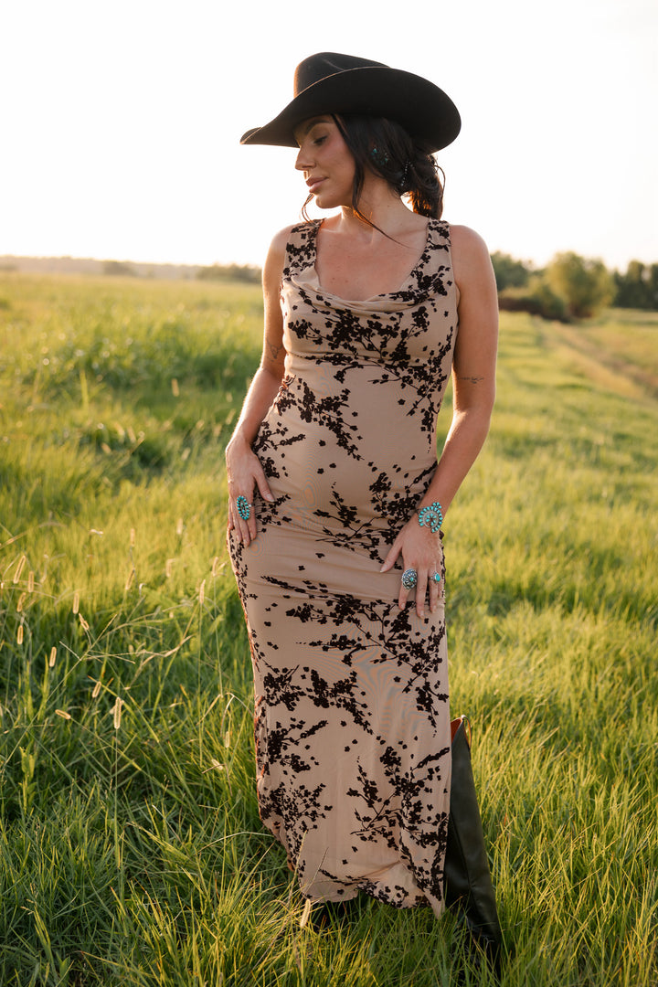 Canyon Bloom Cowl Neck Maxi Dress
