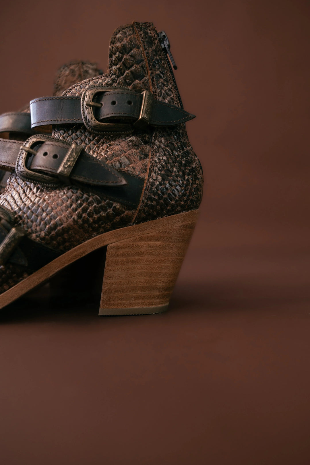 Brown leather boot with decorative buckles on a brown background