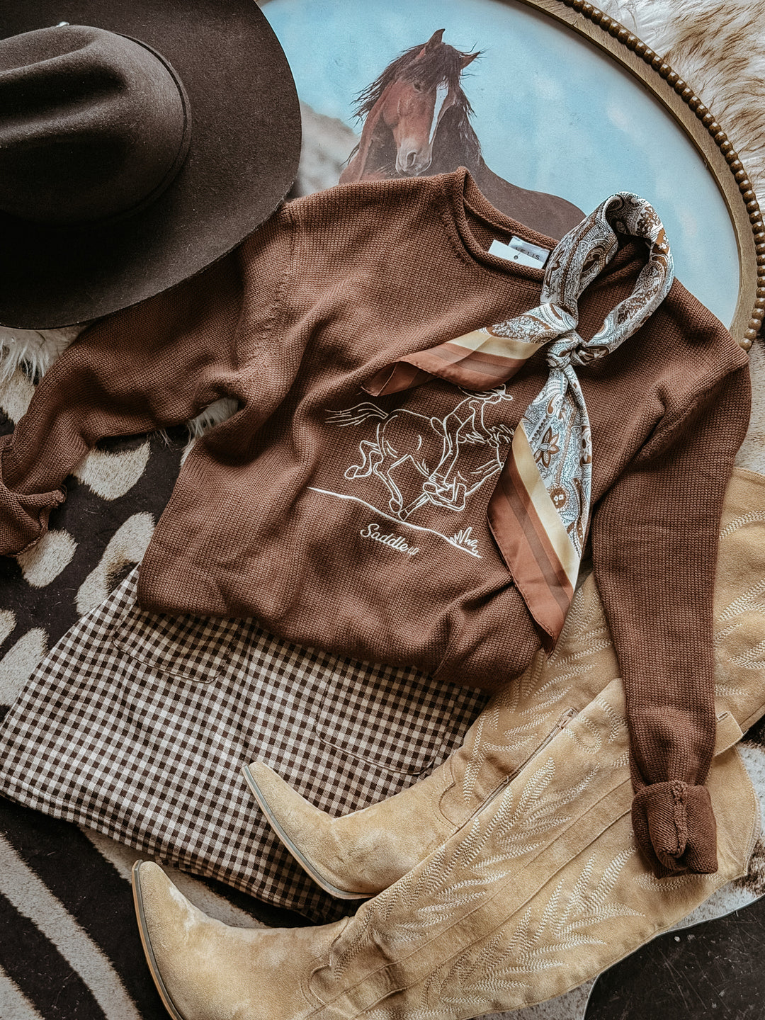 Embroidered Saddle Up Sweater- Brown