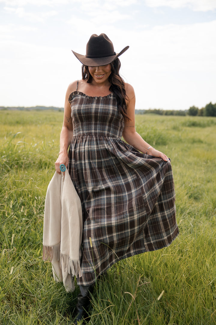 Timber Trail Plaid Smocked Midi Dress