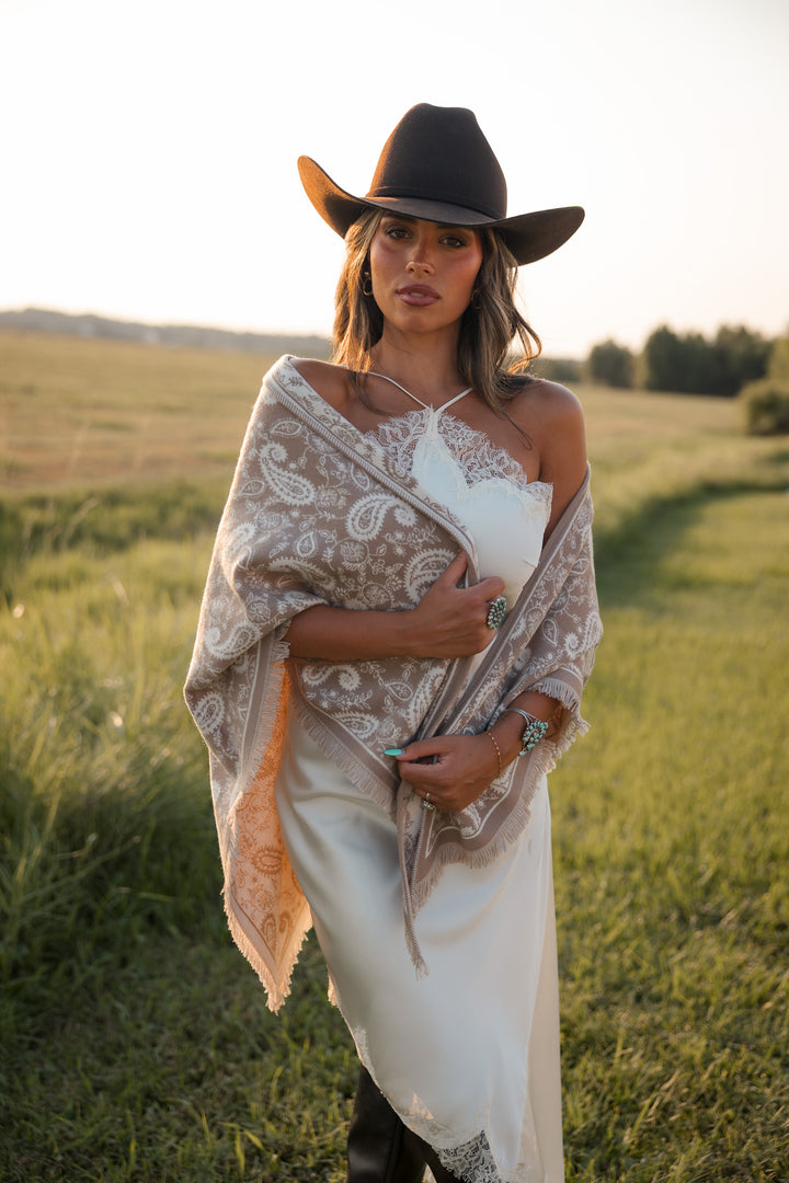 Mocha Paisley Fringe Shawl