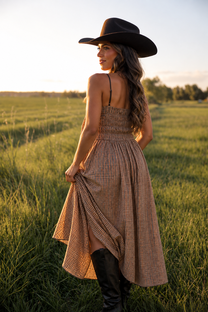 Kelsie Brown Gingham Midi Dress PRE ORDER 11/30