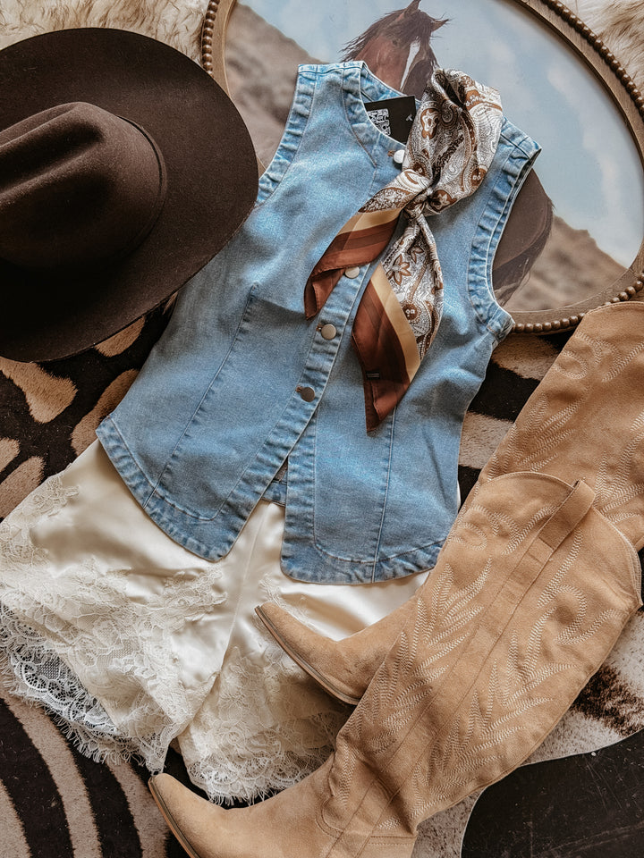 Light Wash Split Hem Button Front Denim Vest