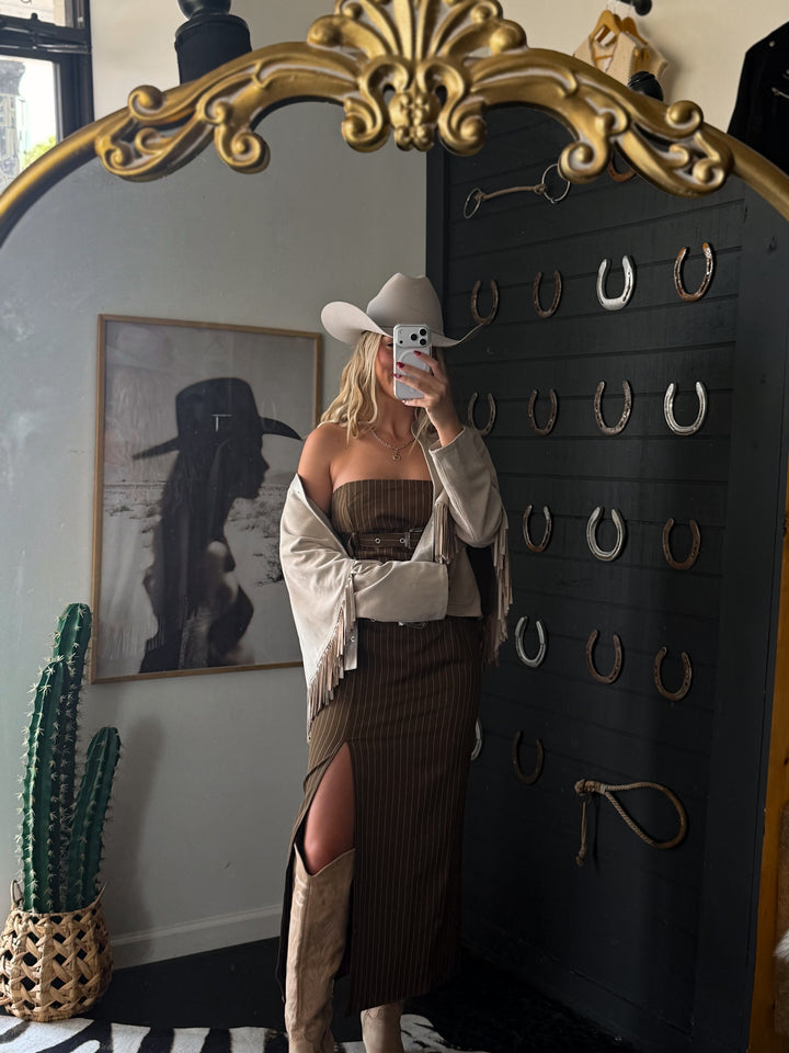 The Outlaw Pinstripe Buckle Maxi Dress