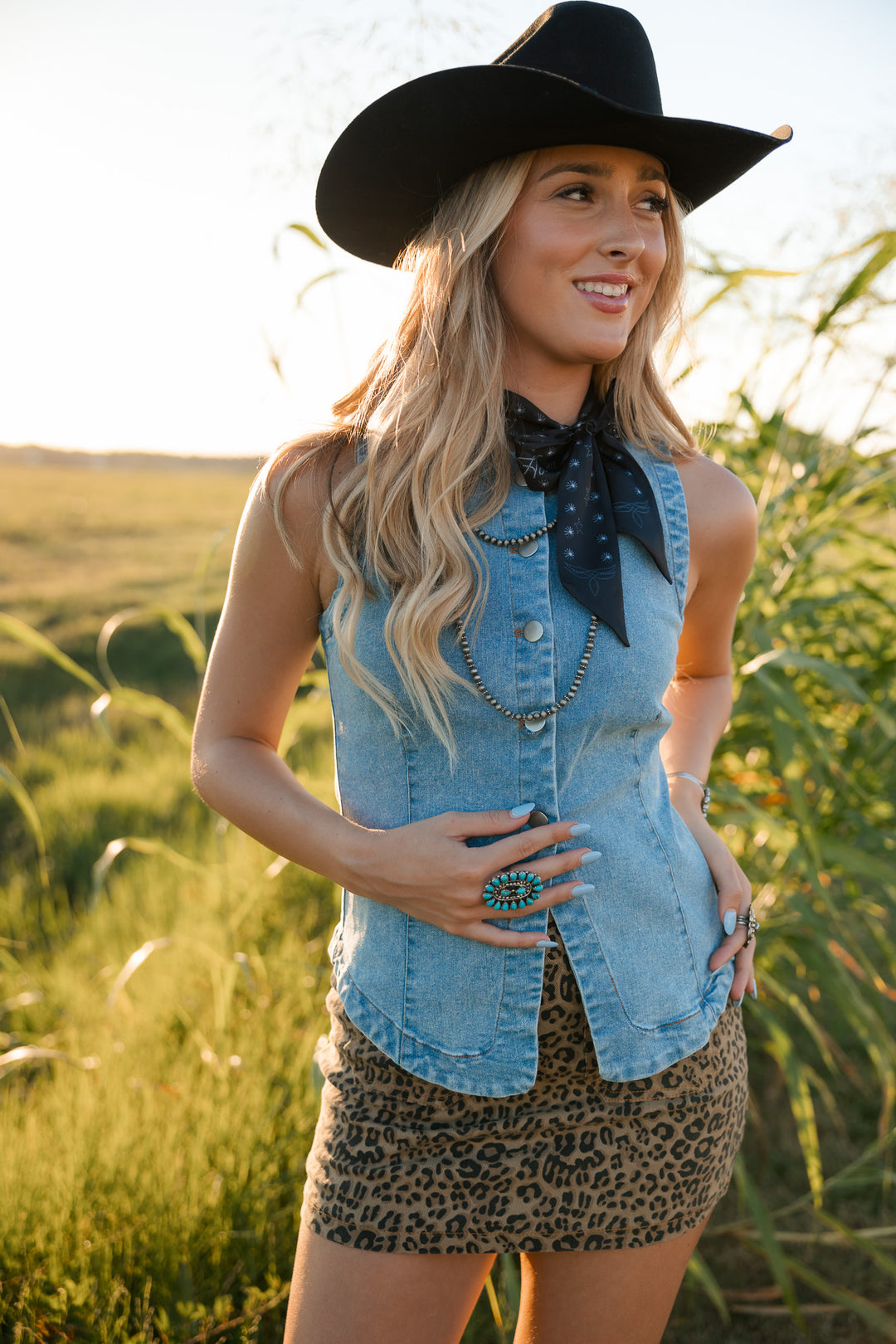 Light Wash Split Hem Button Front Denim Vest