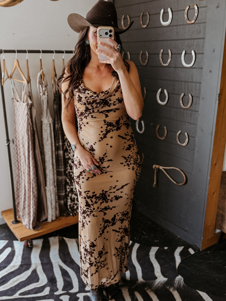 Canyon Bloom Cowl Neck Maxi Dress