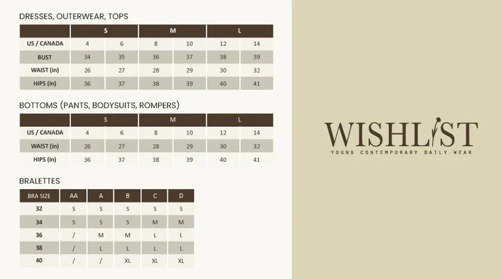 Size chart for dresses, outerwear, tops, bottoms, and bras with &