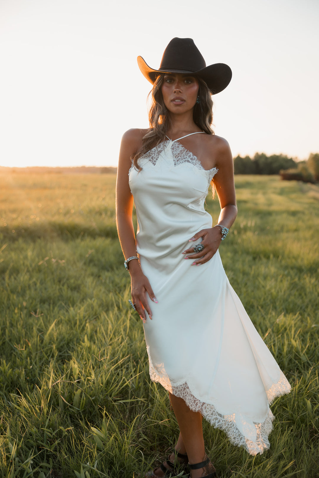 Ivory Lace Trim Satin Asymmetrical Midi Dress