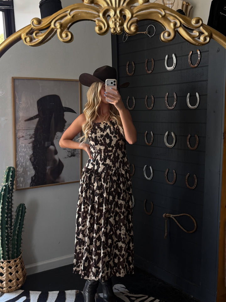 Cow Print Drop Waist Midi Dress