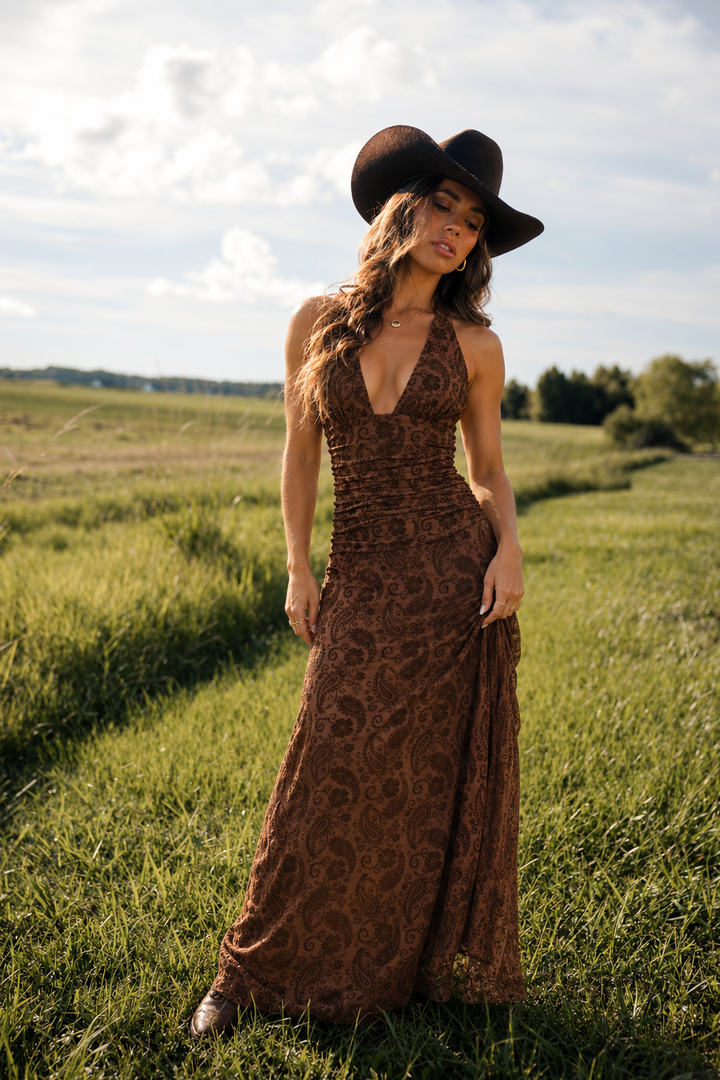 Paisley Flocked Halter Maxi Dress PRE ORDER 10/10