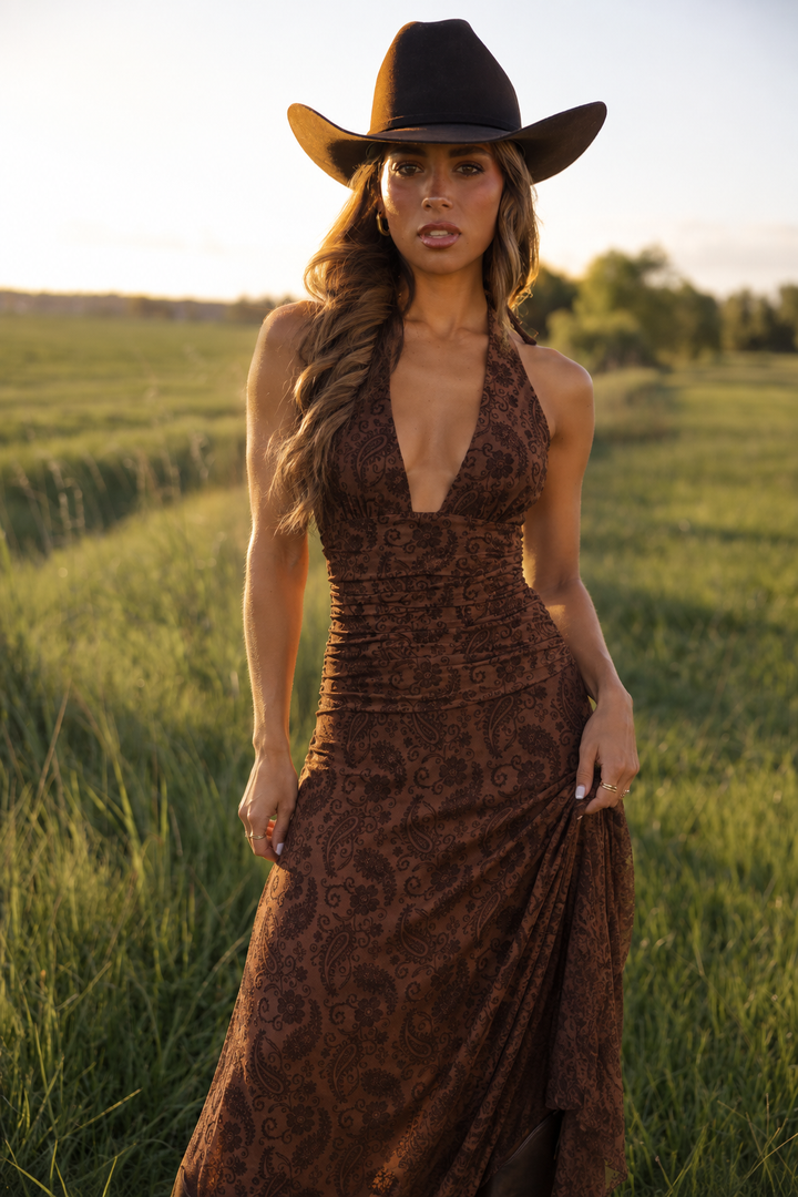 Paisley Flocked Halter Maxi Dress PRE ORDER 10/10