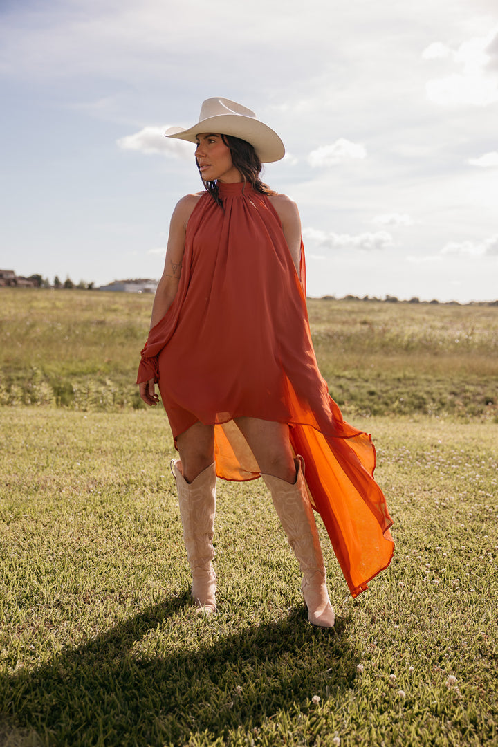 Rust High Low Halter Dress