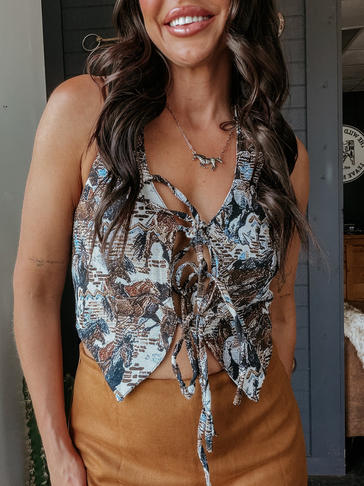 Western Horse Jacquard Halter Vest Top