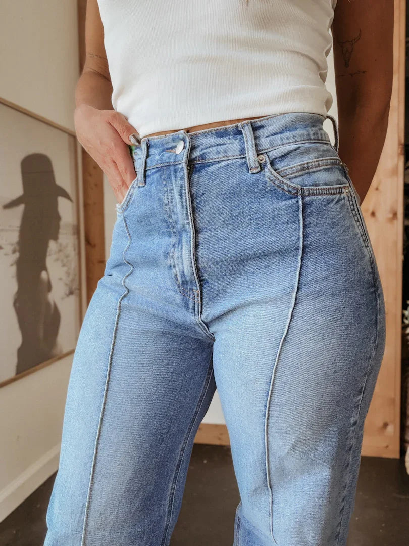 High-Rise Folded Hem Wide Leg Jeans - Medium Wash