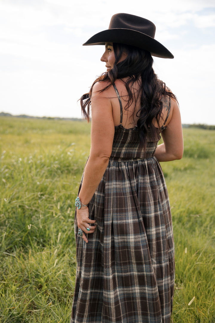 Timber Trail Plaid Smocked Midi Dress