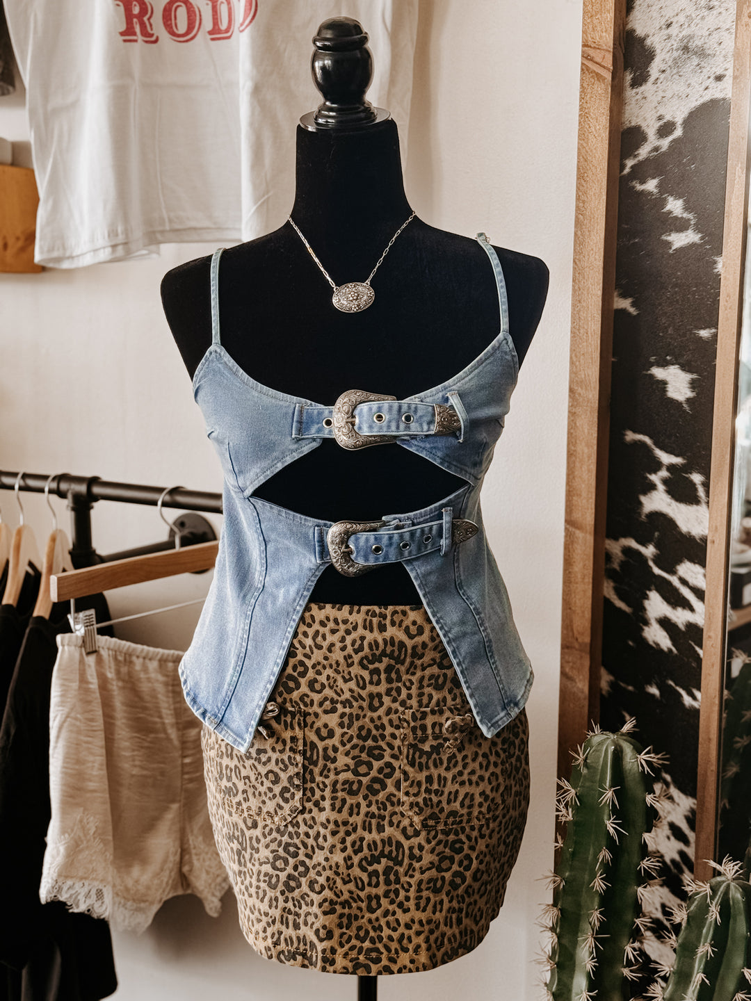 Western Double Buckle Denim Top