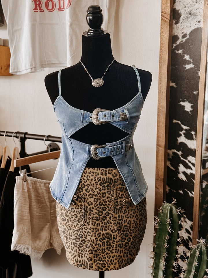 Western Double Buckle Denim Top