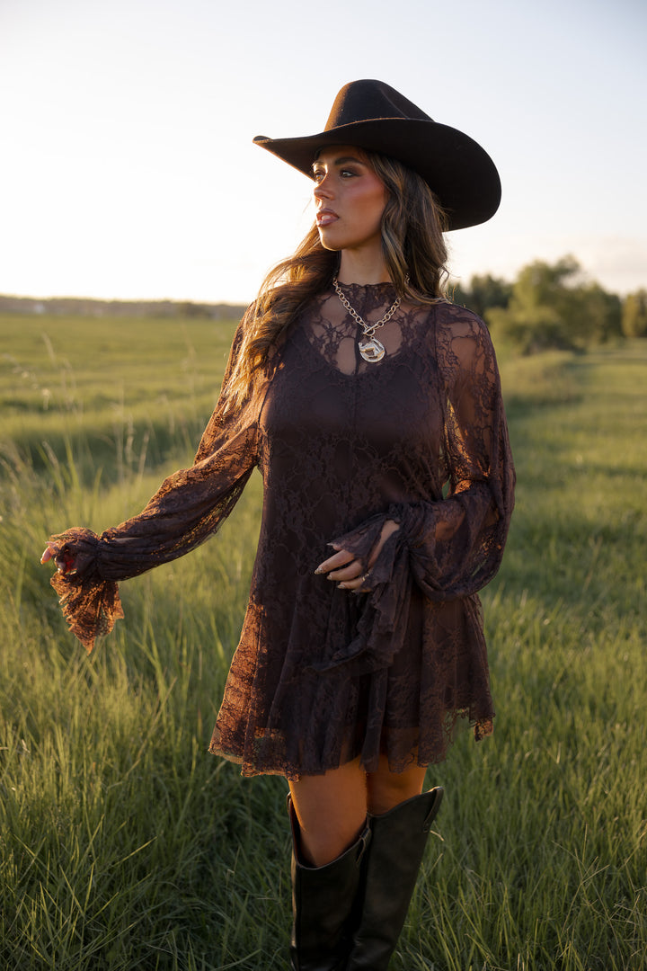 Brown Floral Lace Mini Dress PRE ORDER 9/30