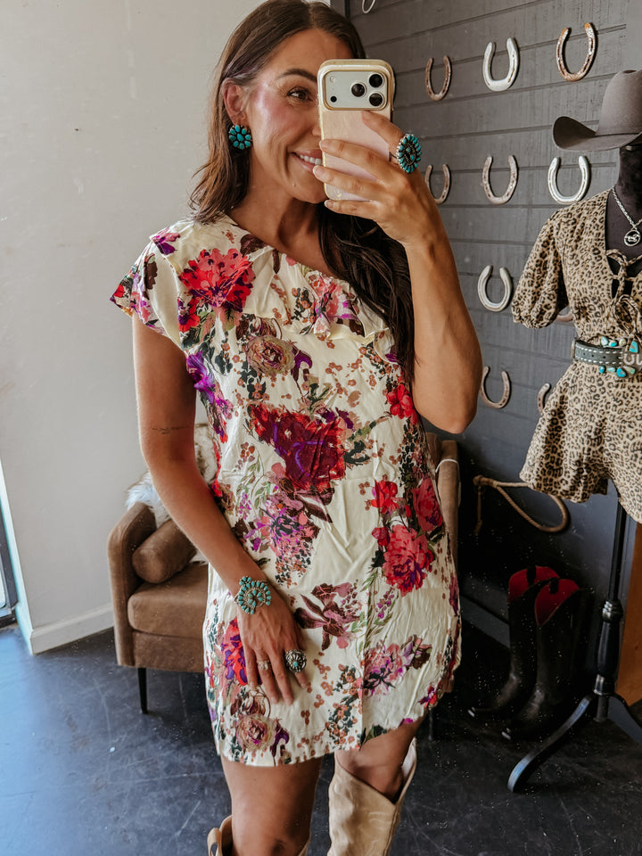 Ivory Bloom One-Shoulder Ruffle Dress