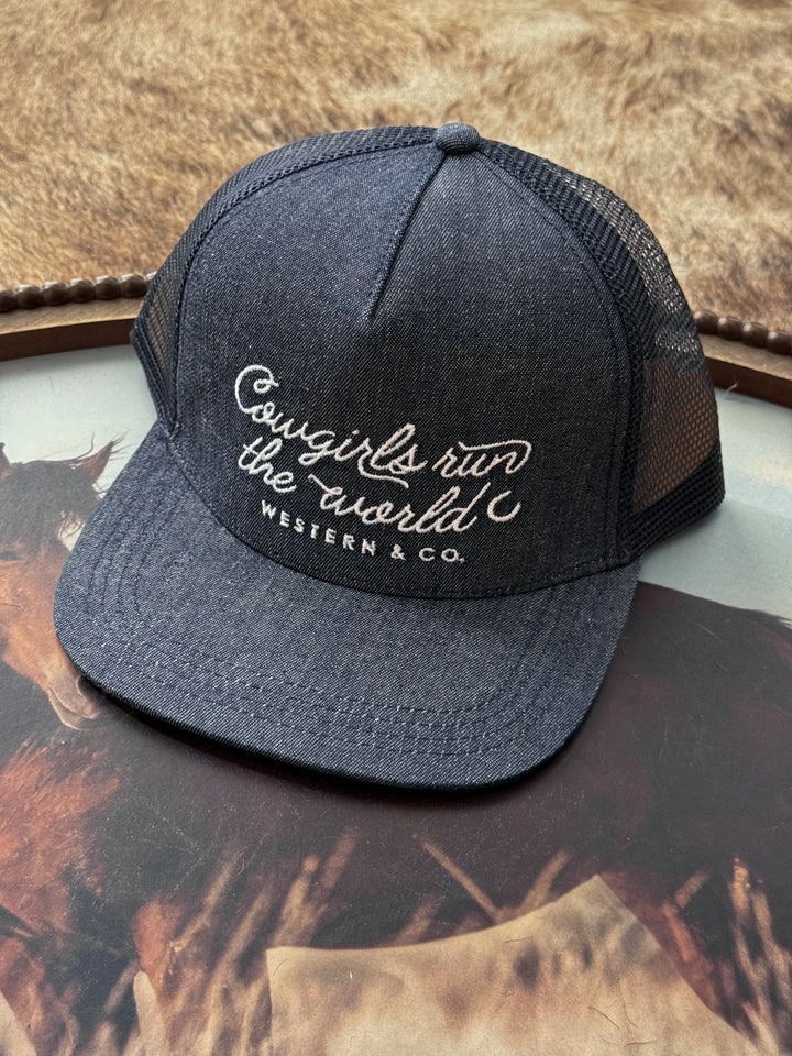 Black mesh trucker hat with &