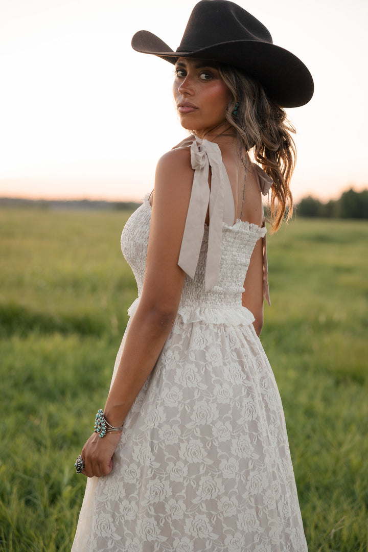 Dust &amp; Lace Tie Shoulder Midi Dress
