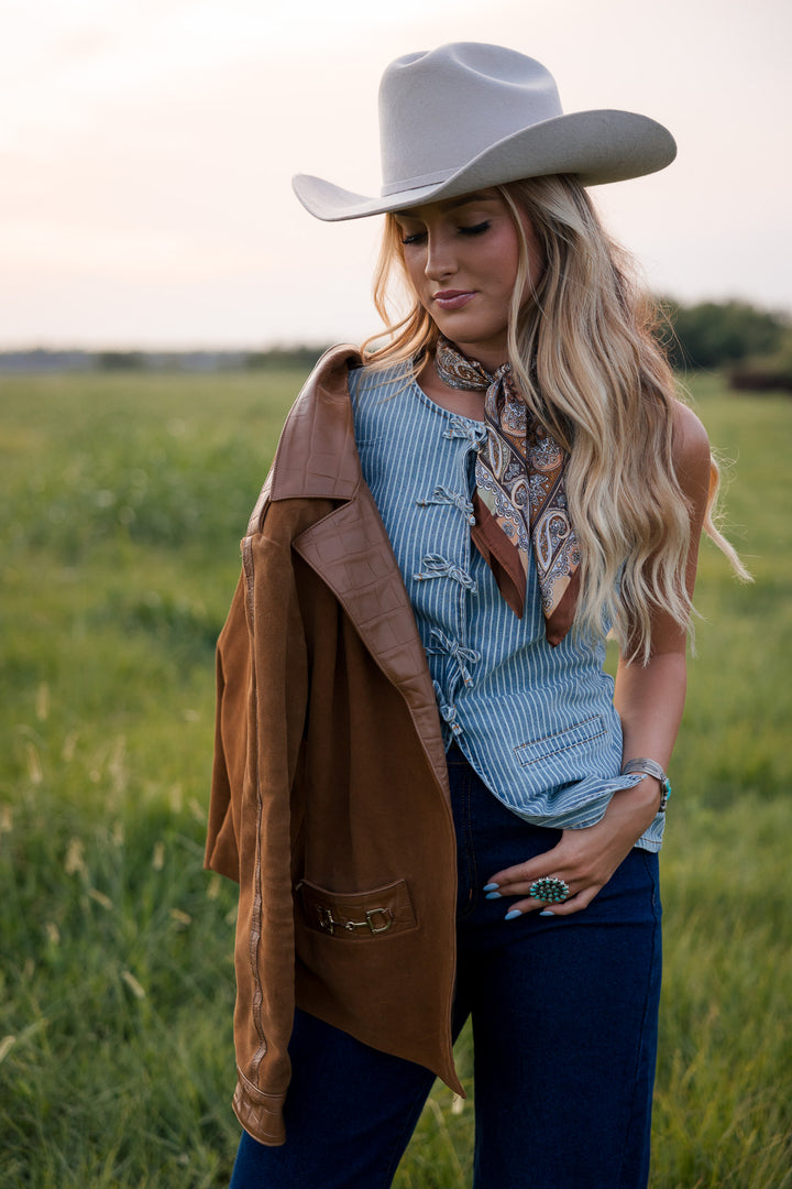 Denim Pinstripe Lace-Up Vest