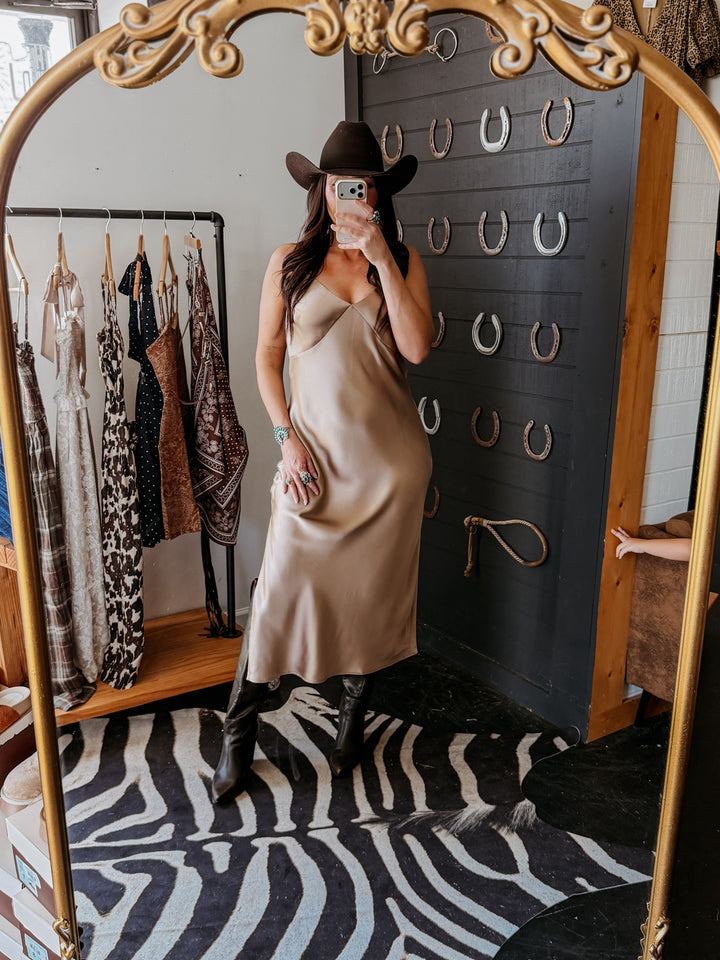 Satin V-Neck Midi Slip Dress