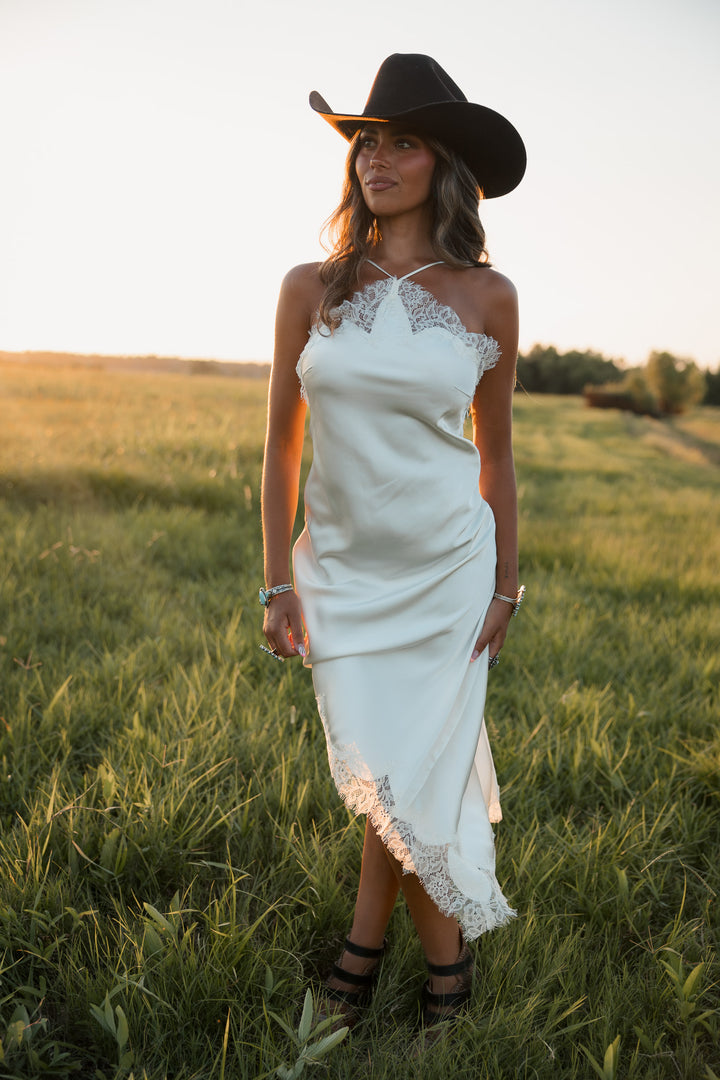 Ivory Lace Trim Satin Asymmetrical Midi Dress