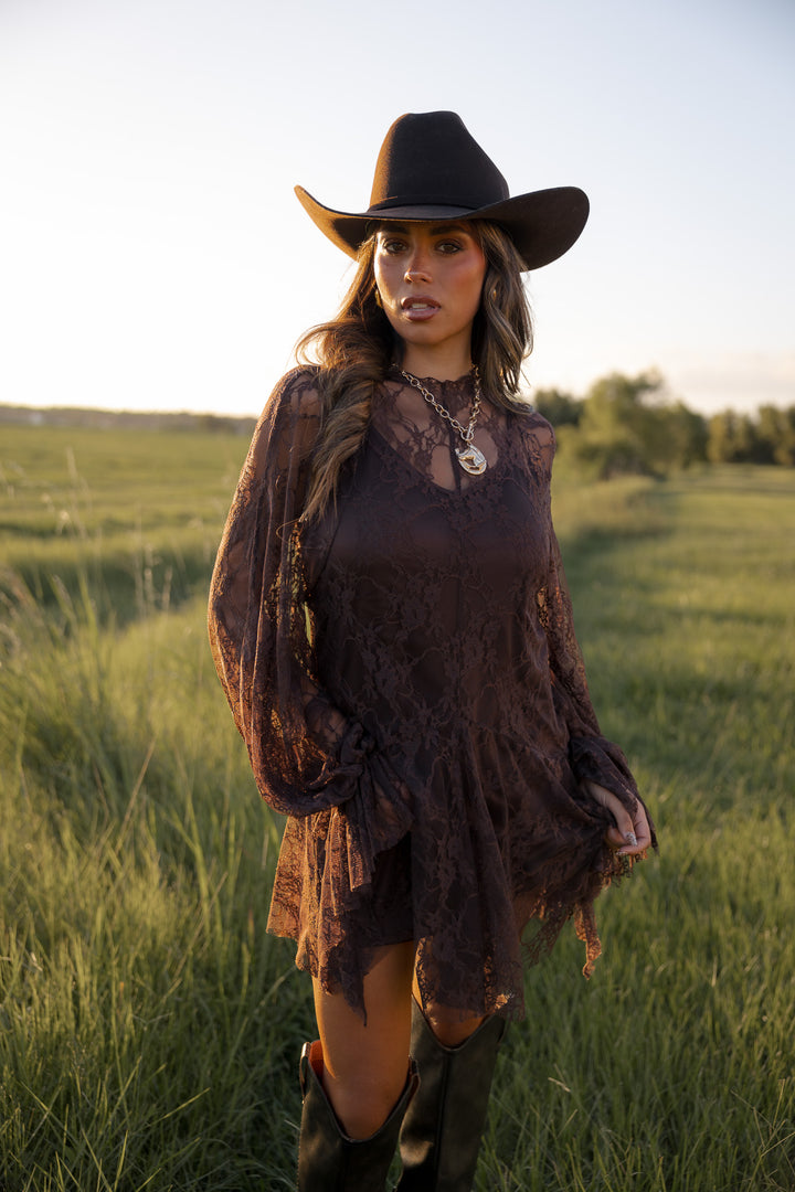 Brown Floral Lace Mini Dress PRE ORDER 9/30